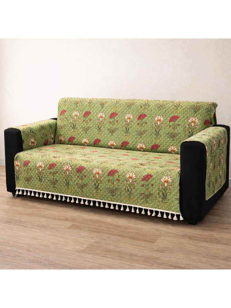 House of Quirk GREEN IKATRA Printed Sofa Cover with Side Pocket Premium Lotus Three Seater-image-48
