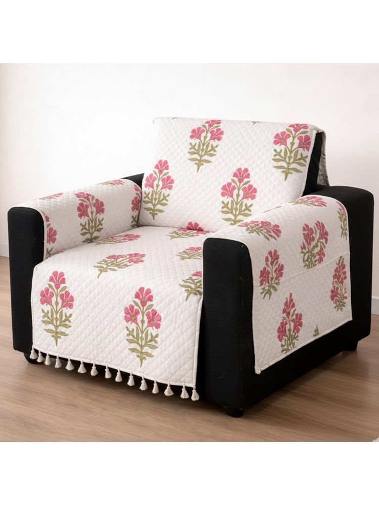House of Quirk CREAM IKATRA Printed Sofa Cover with Side Pocket Premium Ivory Phool One Seater-image-26