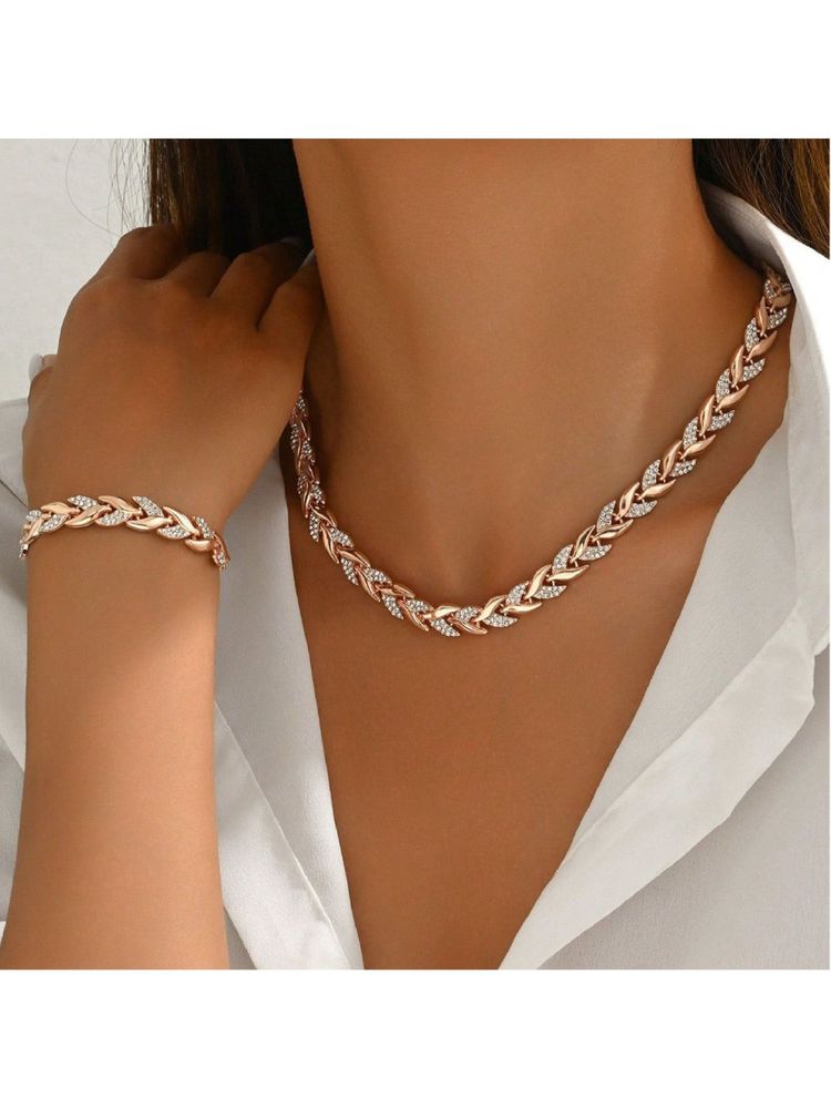 Dkane Designs Women Roselle Rose Gold Plated Leaf Necklace and Bracelet Set--image-8