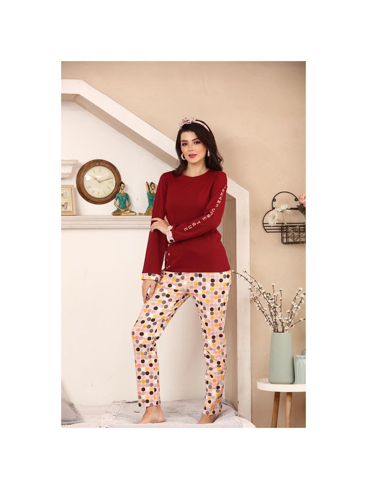 MAYSIXTY Women 100% Cotton Maroon Printed Full Sleeve T-Shirt with Pyjama (Set of 2)-picture-28