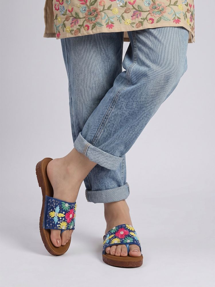 Dollphin Women'S Handmade Floral Embroidered Blue Flats-picture-11