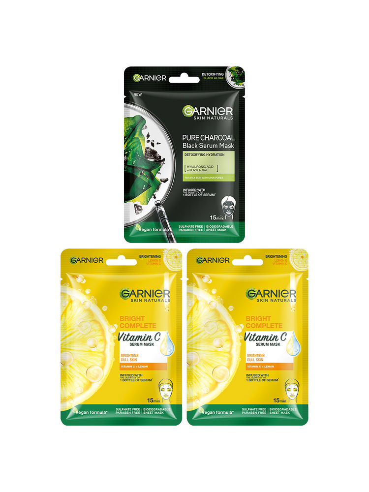 Garnier Skin Naturals Pack of 3 Face Serum Sheet Mask - 2 Bright Complete + 1 Charcoal