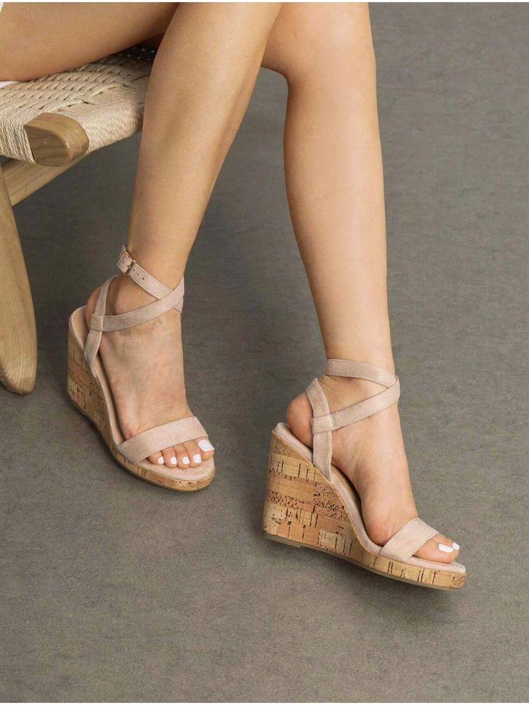 IRUSSH Women Stylish Nude Suede Crisscross Suede Cork Heels-image-19