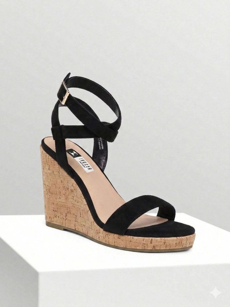 IRUSSH Women Stylish Black Suede Crisscross Cork Heels-image-22