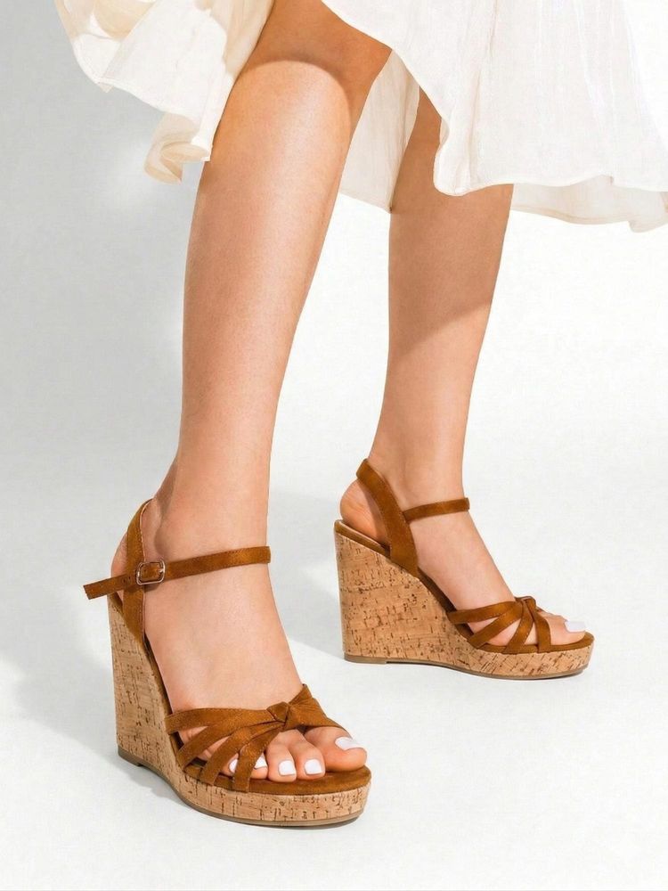 IRUSSH Women Brown Suede Knotted Summer Cork Heels-image-18