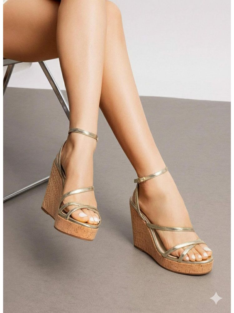 IRUSSH Women Gold Gilded Strap Cork Heels-image-21