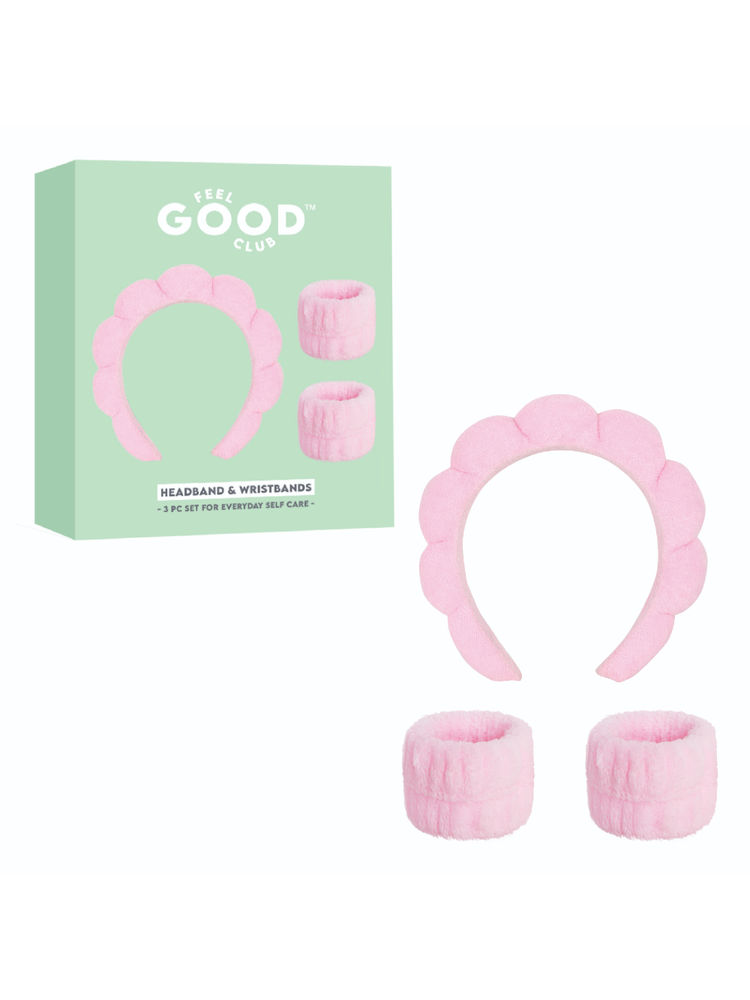 Feel Good Club Pink Bubble Headband & Wristbands - Set For Face Wash Skincare Makeup And Spa