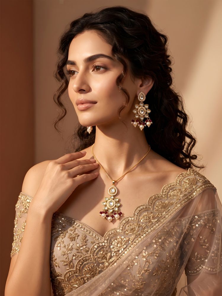 ADIVA Gold-Plated Pink Kundan Pearl Pendant Necklace and Drop Earrings Jewellery Set-picture-29