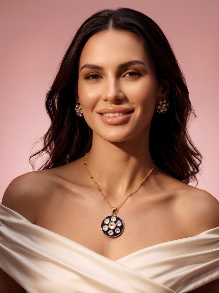 ADIVA Gold-Plated Blue Kundan Pendant Necklace and Stud Earrings Jewellery Set-picture-27