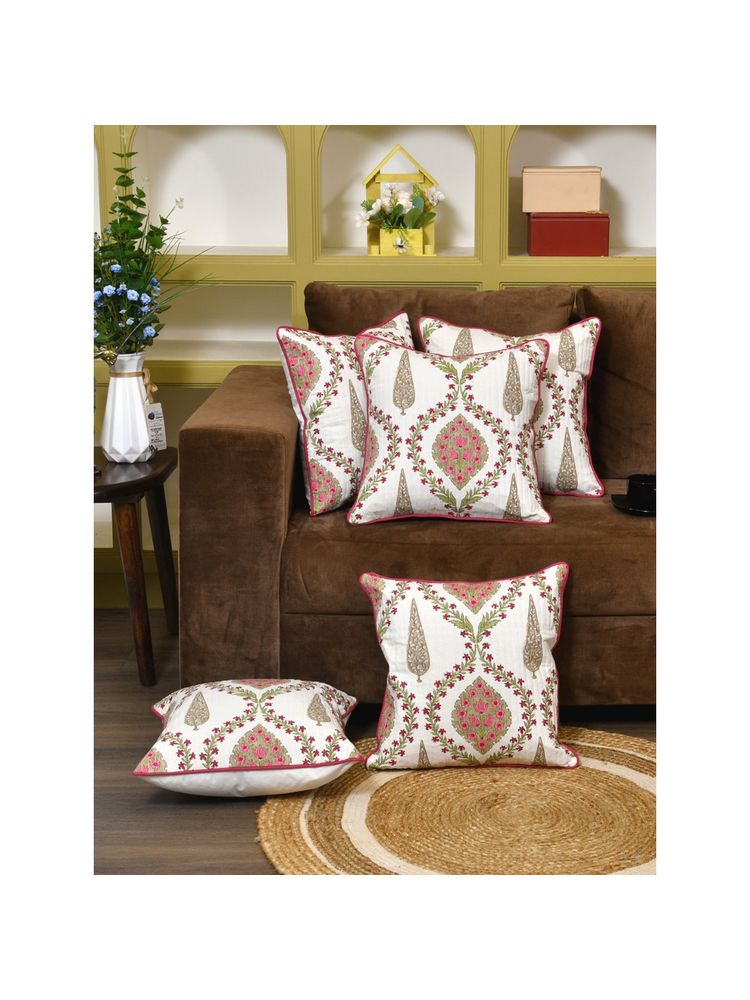 The Home Story Clasiko Cotton Cushion Covers Pink Beige Block Print (Pack of 5)-picture-11