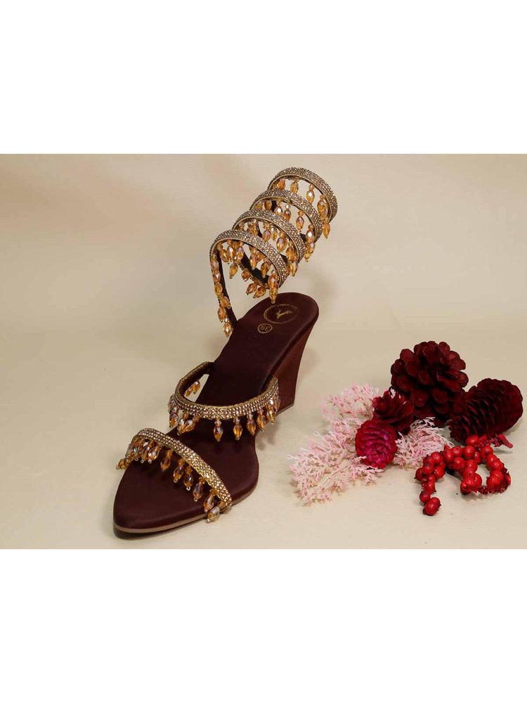 Sana K Luxurious Footwear Gold Jhallar Brown Half Wedges-image-17