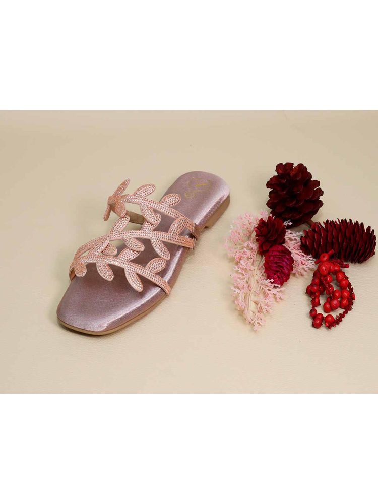 Sana K Luxurious Footwear Pink Leafy Flats-image-2