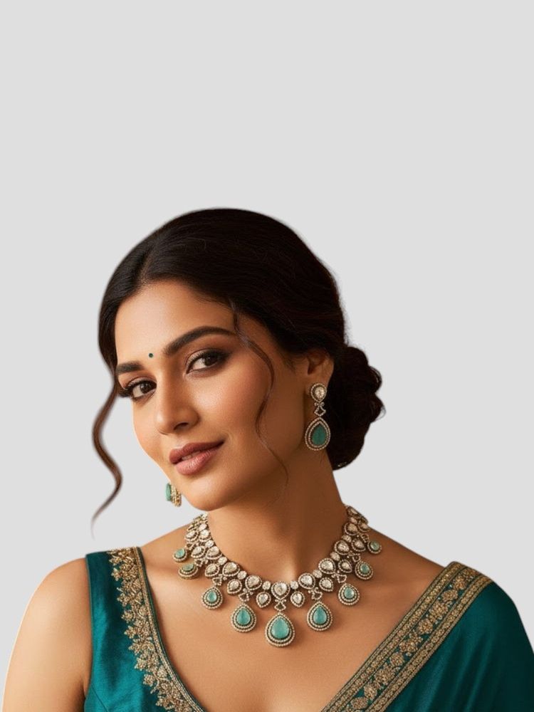 Auraa Trends Gold Finish Kundan Polki Green Choker Necklace With Earrings-image-10