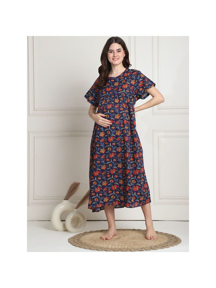 Secret Wish Floral Print Dark Blue Cotton Maternity Nighty Calf Length-picture-17