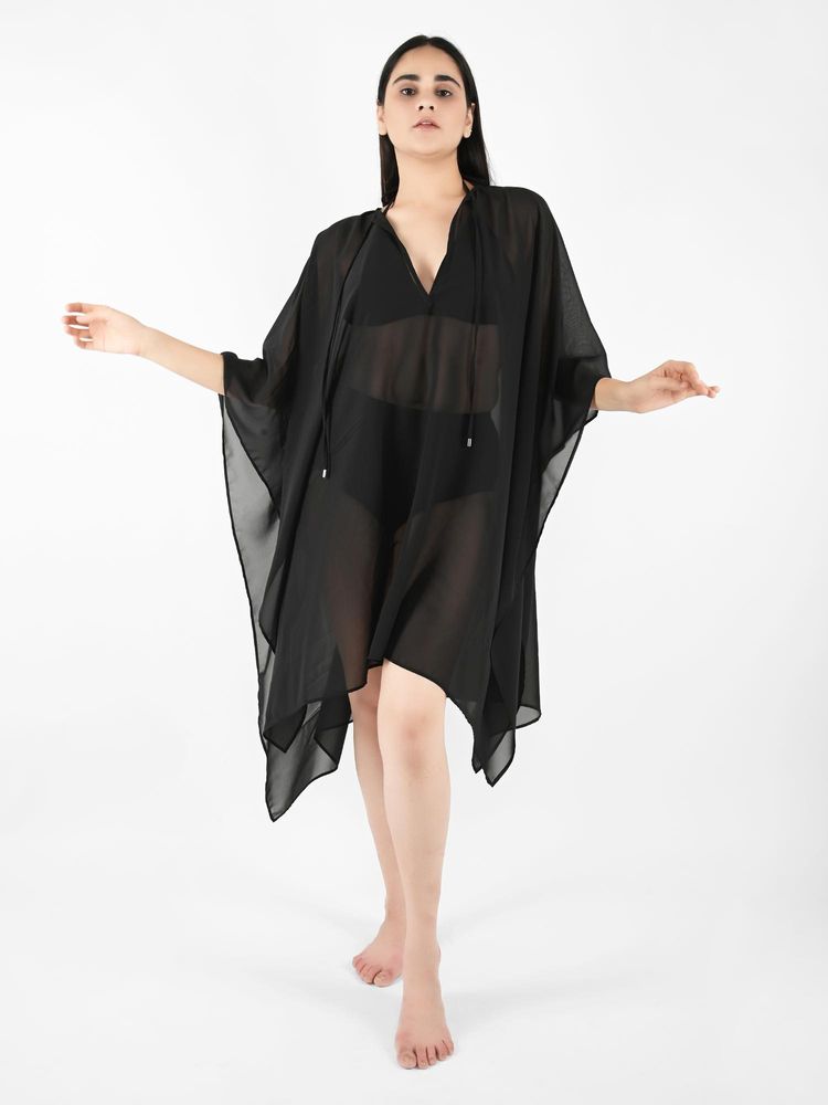 Blissence Women Solid Kaftan Swim Cover Up - Black-image-20