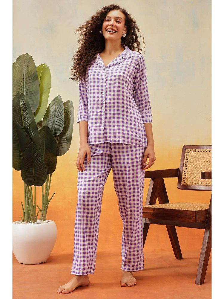 Clovia Women's Cotton Classic Checks Button-Down Shirt and Pyjama-picture-11