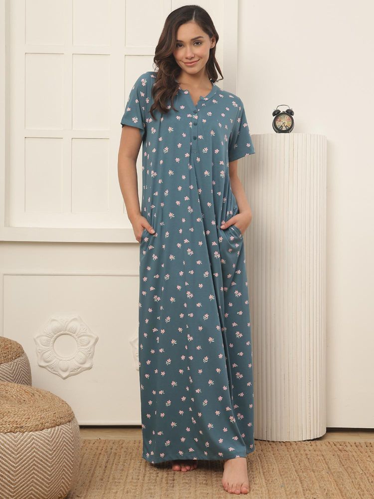 Kanvin Womens Long Nighty - Teal-picture-13