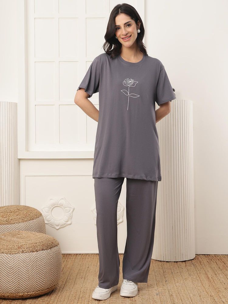 Kanvin Womens T-Shirt with Pyjama Nightsuit - Charcoal-picture-23
