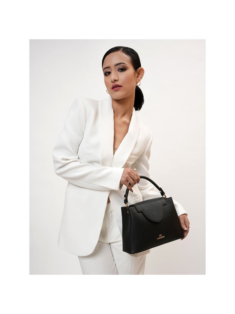 KLEIO Vegan Leather Top Handle Handbag with Detachable Strap Black-picture-17