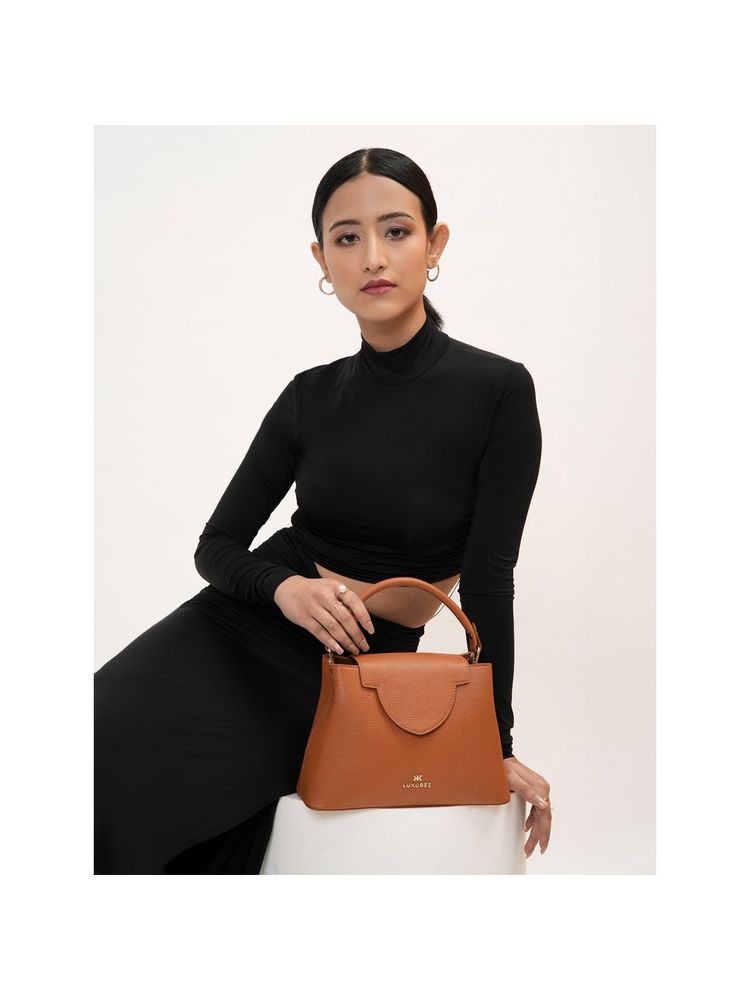 KLEIO Vegan Leather Top Handle Handbag with Detachable Strap Brown-picture-24