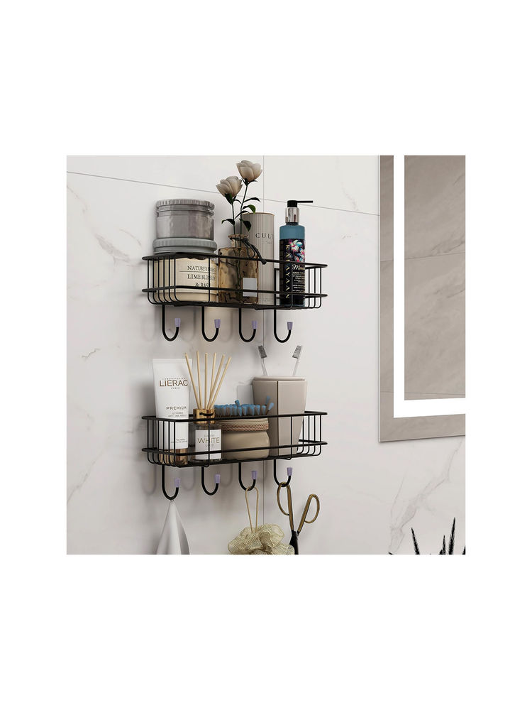 Plantex Multipurpose Bathroom Shelf with Hooks (Pack of 2, Black)-image-4