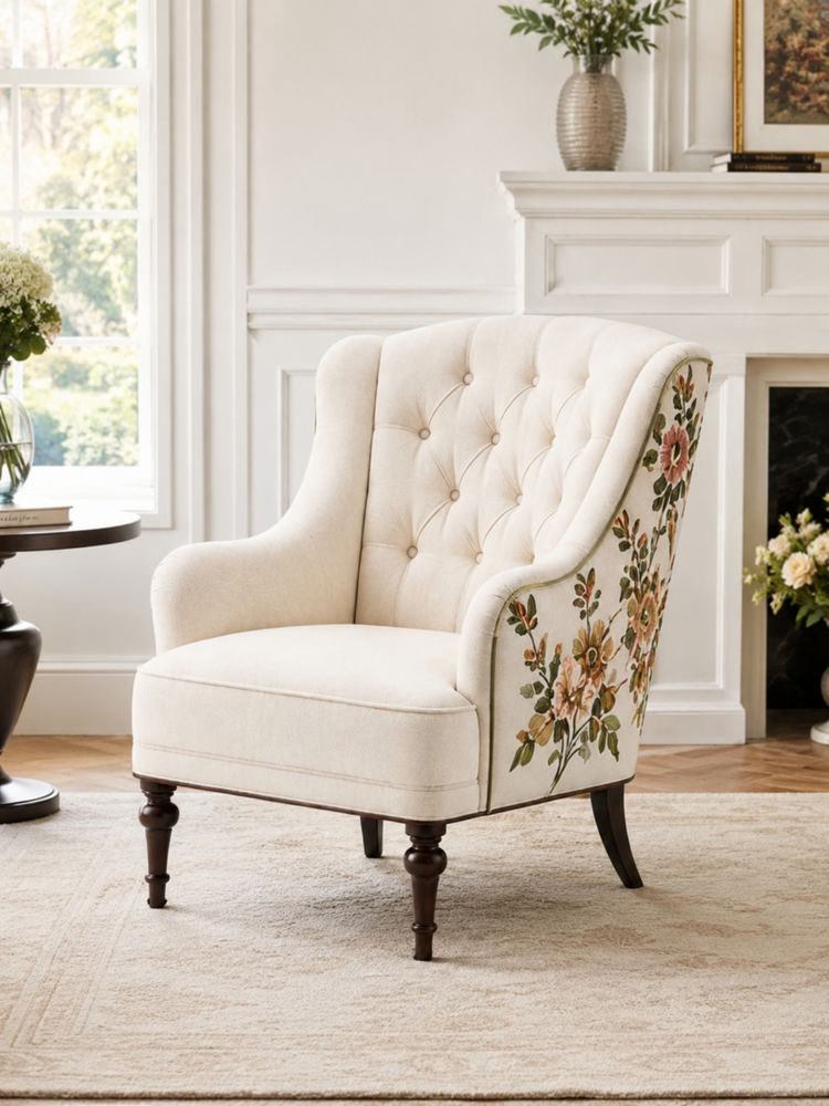 JABRIX Beige Floral Ivory Wing Accent Chair-image-35