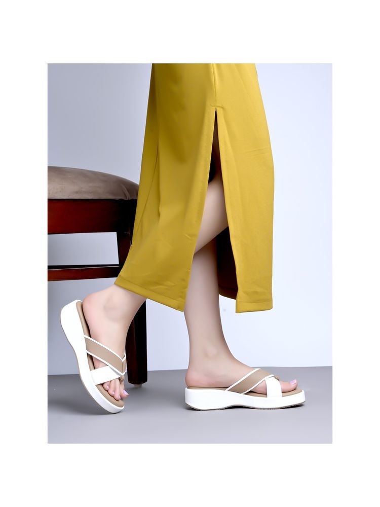 Shoetopia Cross Strap Beige & White Sandals for Women-image-7