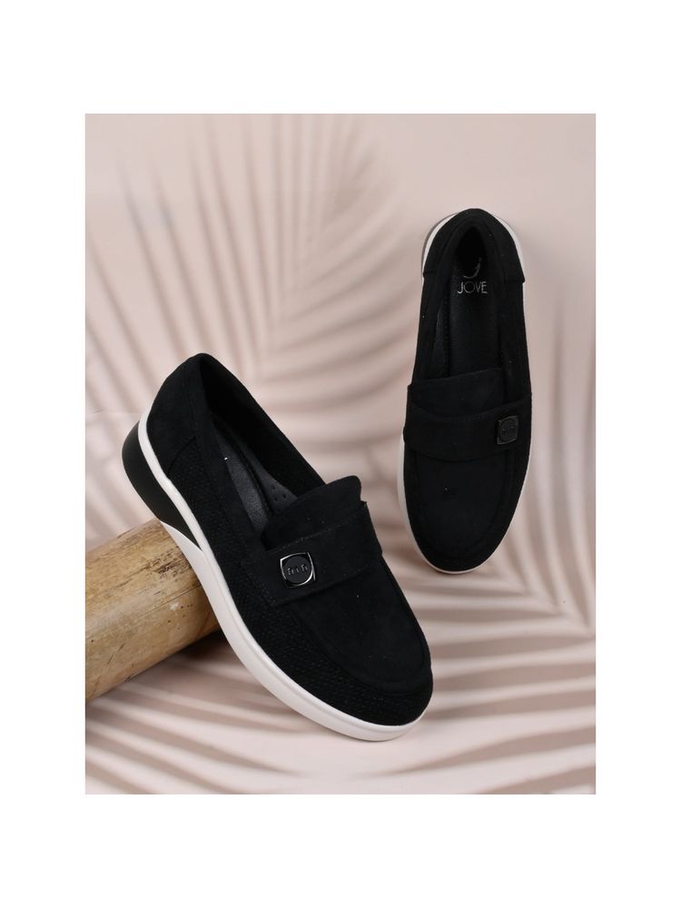 Jove Women Black Solid Loafers-picture-15