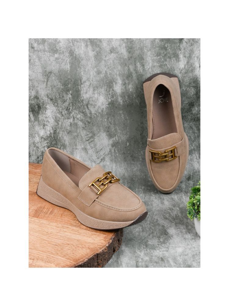 Jove Women Khaki Solid Loafers-image-34