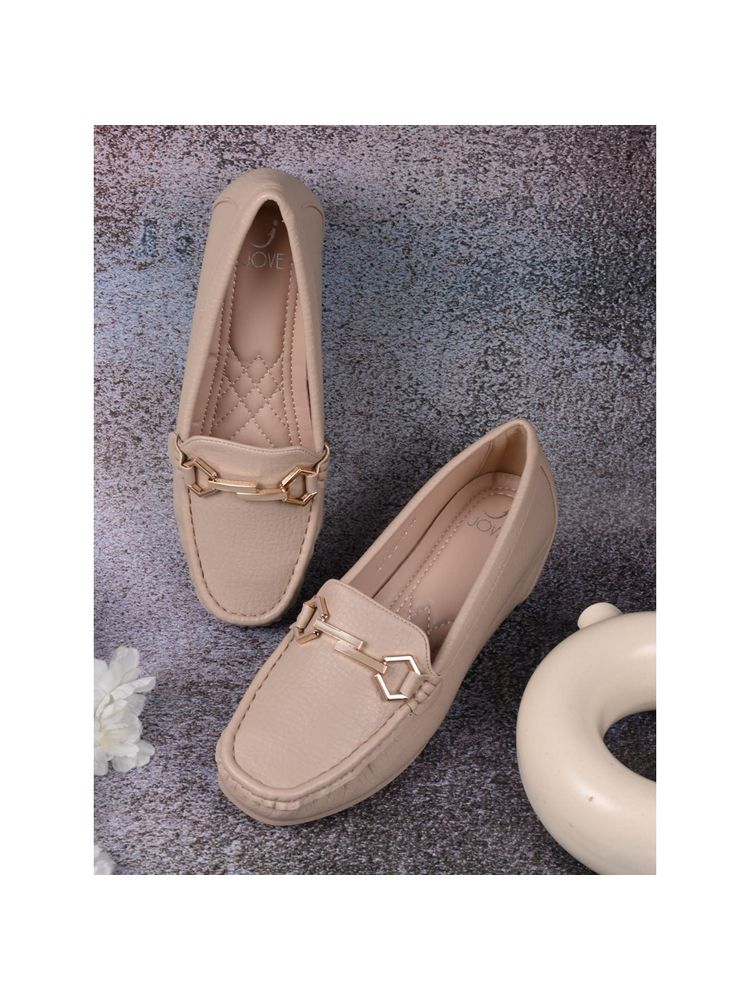 Jove Women Beige Textured Wedge Heel Loafers-image-20