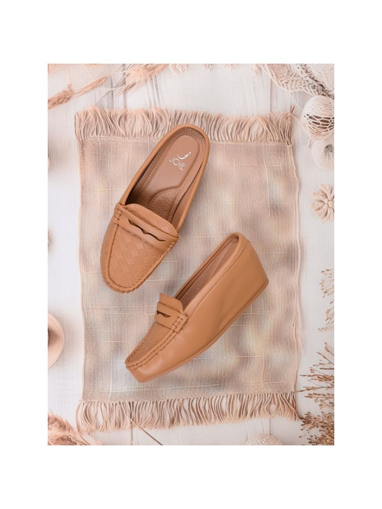 Jove Women Tan Checked Wedge Heel Loafers-picture-17