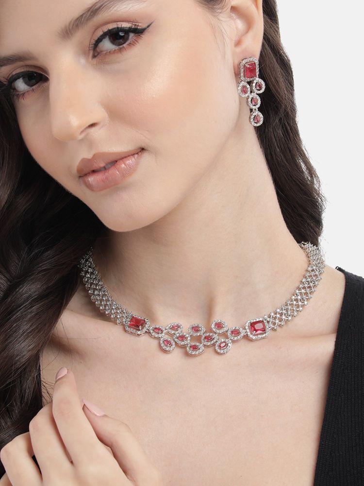 STILEADDA Ruby Red Ad Studded Leaf Necklace Set-image-22