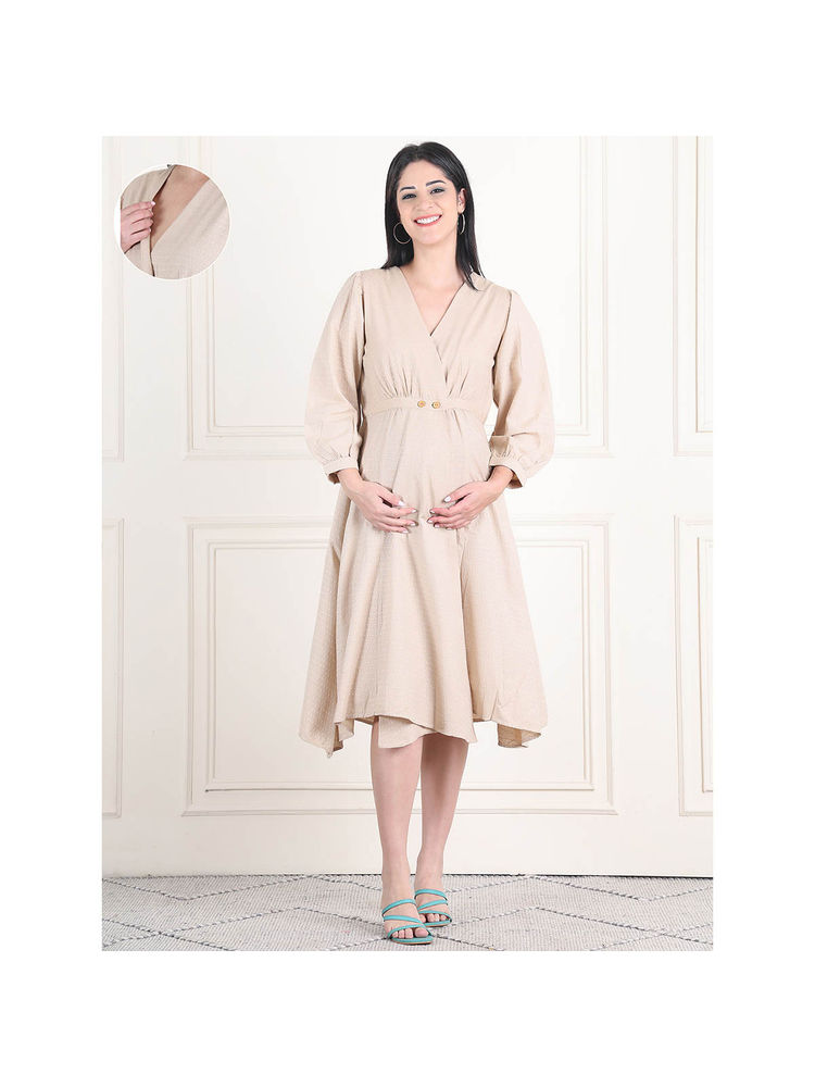 Moms Maternity Womens Dot Khadi Beige Wrap Buttons Maternity Midi Wrap Dress-picture-12