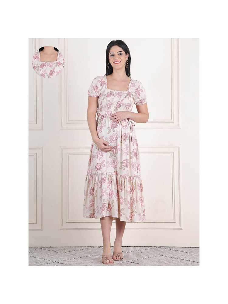 Moms Maternity Womens Floral Print Slub Off White Maternity Midi Dress with Belt-picture-33