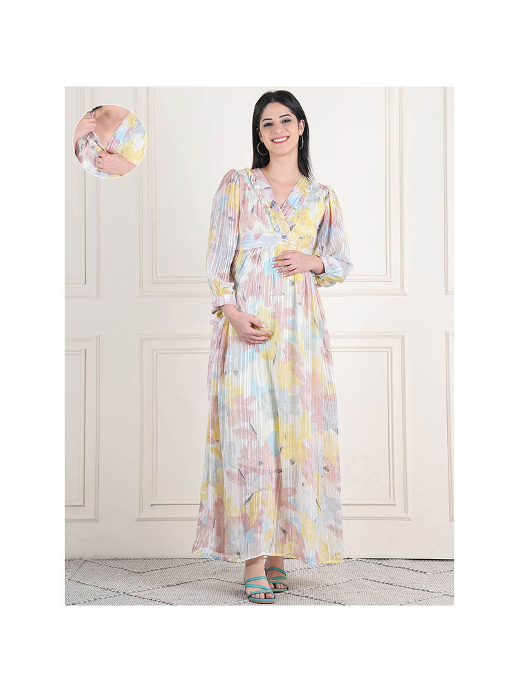Moms Maternity Womens Printed Chiffon Lurax Yellow Maternity Maxi Dress-picture-39