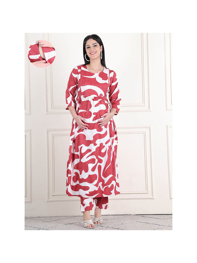 Moms Maternity Womens Graphic Print Slub Maroon Maternity Anarkali Midi Kurta Dress-picture-16