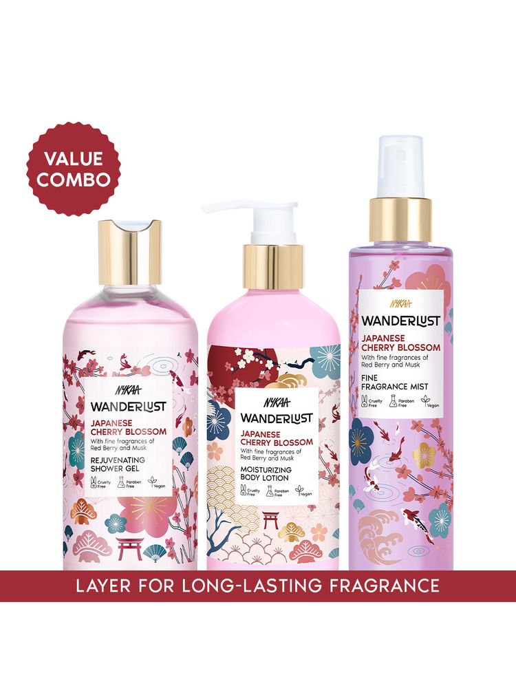 Wanderlust Japanese Cherry Blossom Shower Gel + Body Lotion + Fragrance Mist Combo