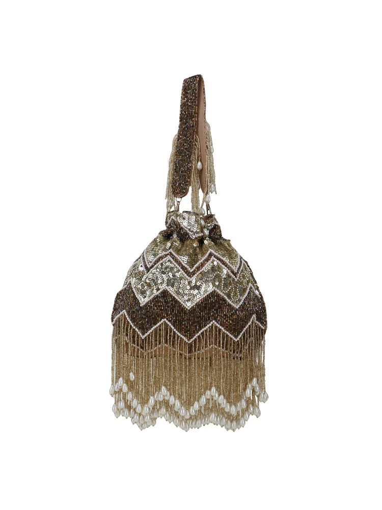 Anekaant Dangle Gold and Copper Chevron Embellished Faux Silk Potli
