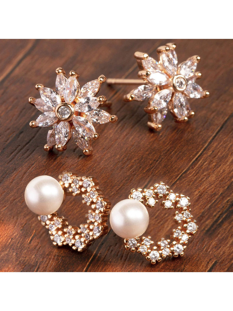 Zaveri Pearls Combo of 2 RoseGold Cubic Zirconia Brass Stud Earrings (ZPFK10217)