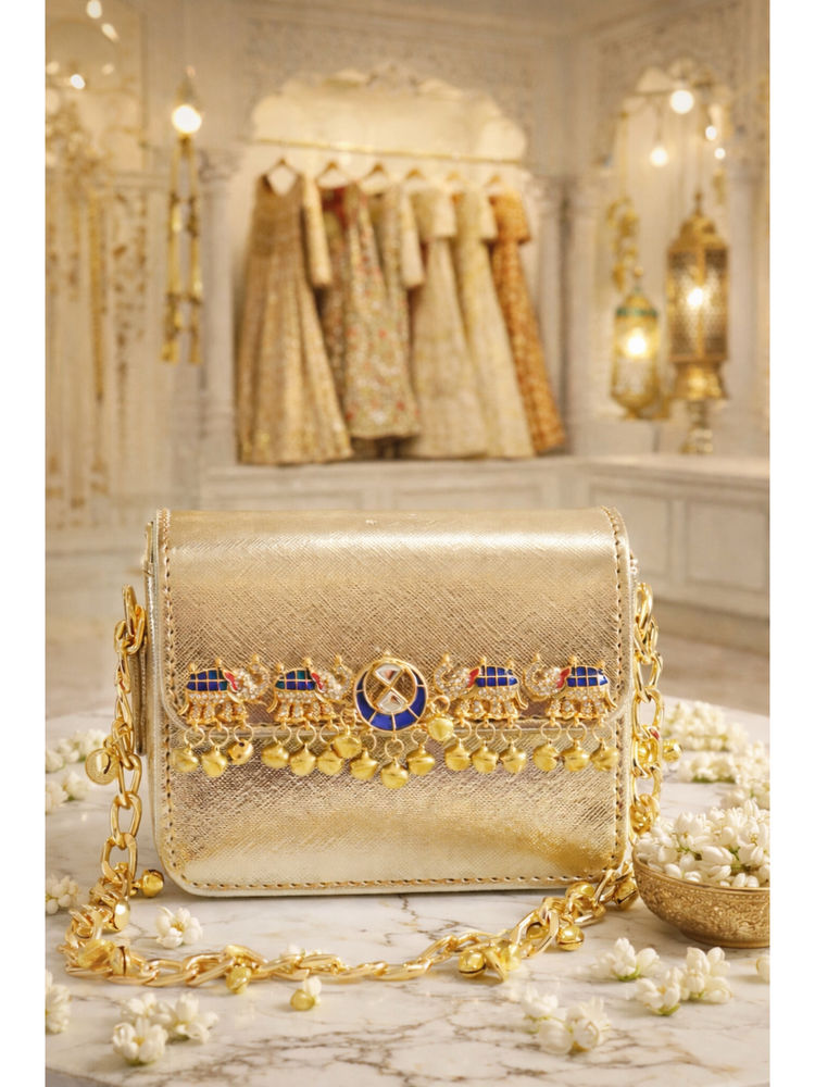 BOXWISH BY BHUMIKA Metallic Mini Kundan Ethnic Embellished Hand Bag - Blue-image-37