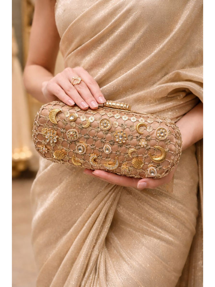 BOXWISH BY BHUMIKA Jhaali Kundan Embroidered Box Pouch For Women - Gold-picture-25