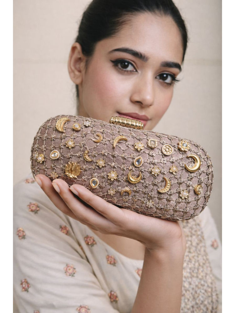 BOXWISH BY BHUMIKA Jhaali Kundan Embroidered Box Pouch For Women - Nude