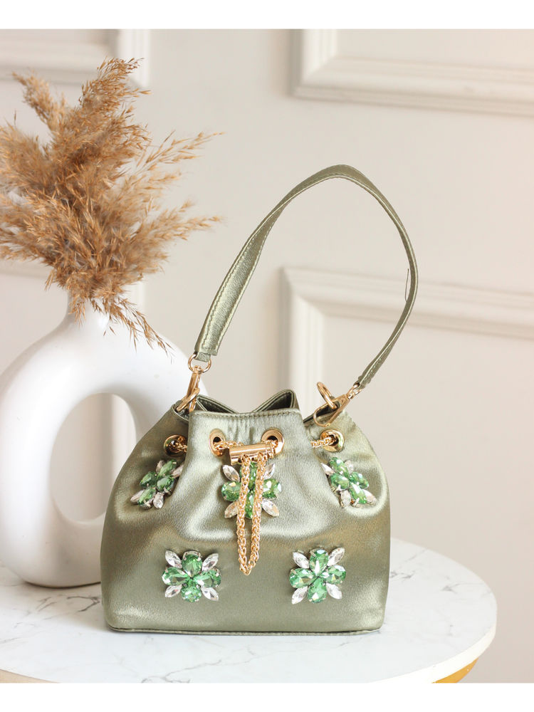 BOXWISH BY BHUMIKA Stylish Green Crystal Embellished Potli Bag - Green-image-37