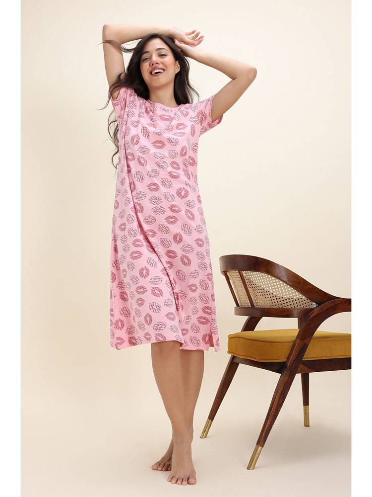 Zivame Knit Cotton Mid Length Nightdress - Tickled Pink-picture-36