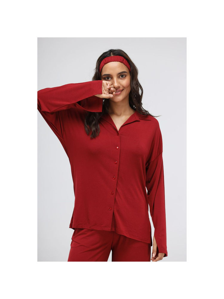 NeceSera Rhubarb Modal Long Button Down Slit Top - Red-image-3