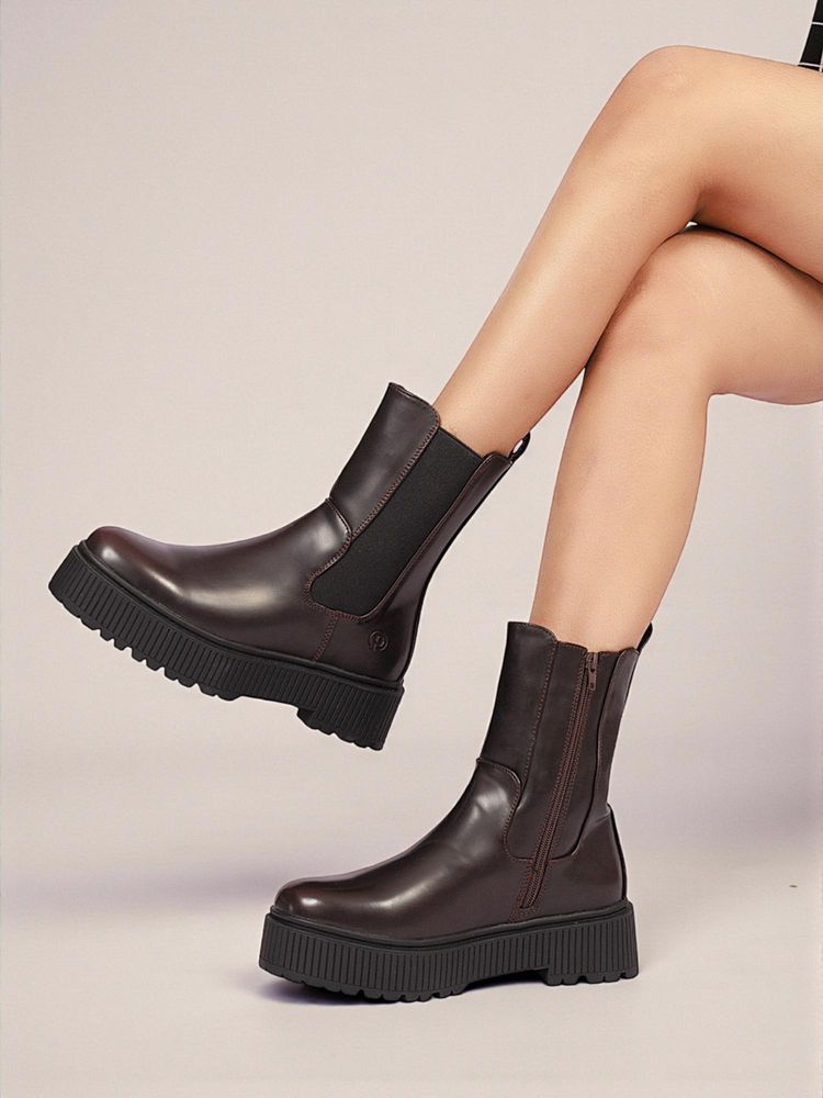 Truffle Collection Brown Solid Casual Boots-image-7