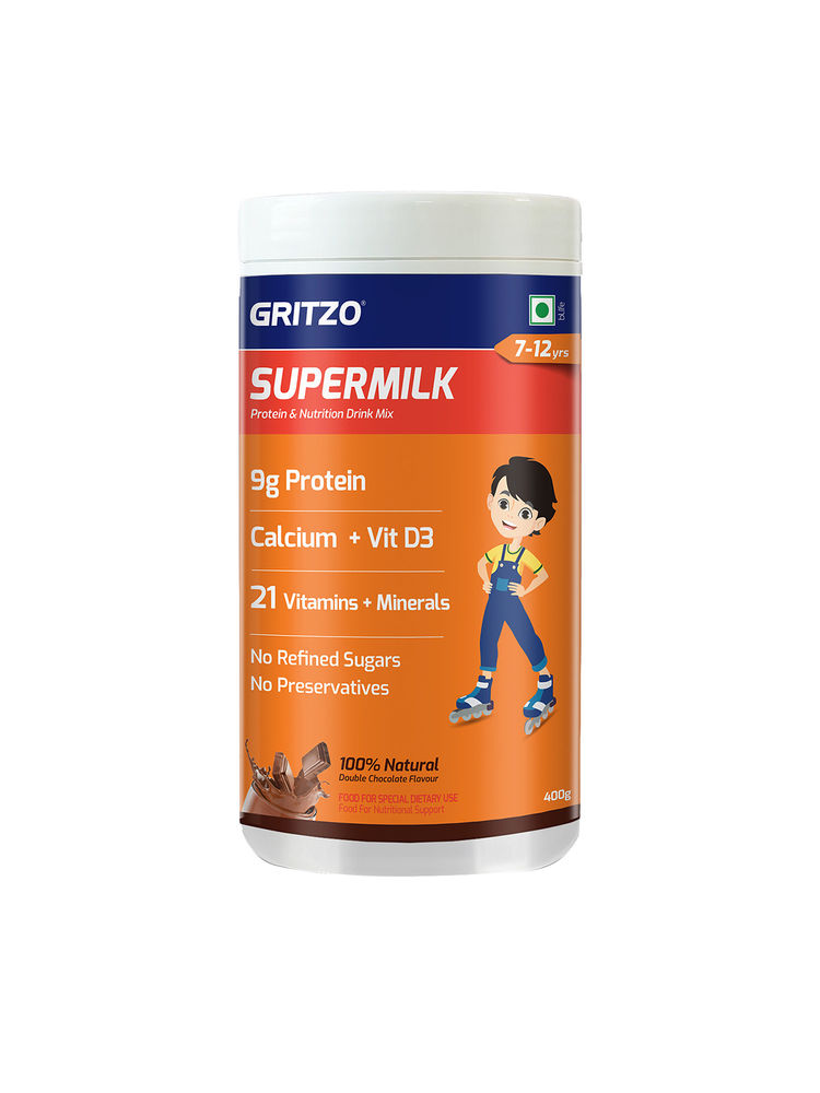 Gritzo SuperMilk for 7-12 Yrs Protein & Nutrition Drink Mix,Double Chocolate