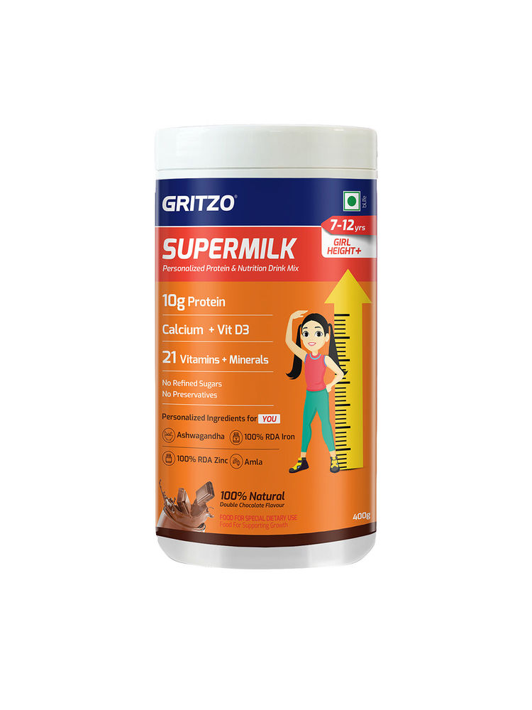 Gritzo SuperMilk Height+ for 7-12 Yrs Girls Protein, Nutrition Drink Mix,Double Chocolate