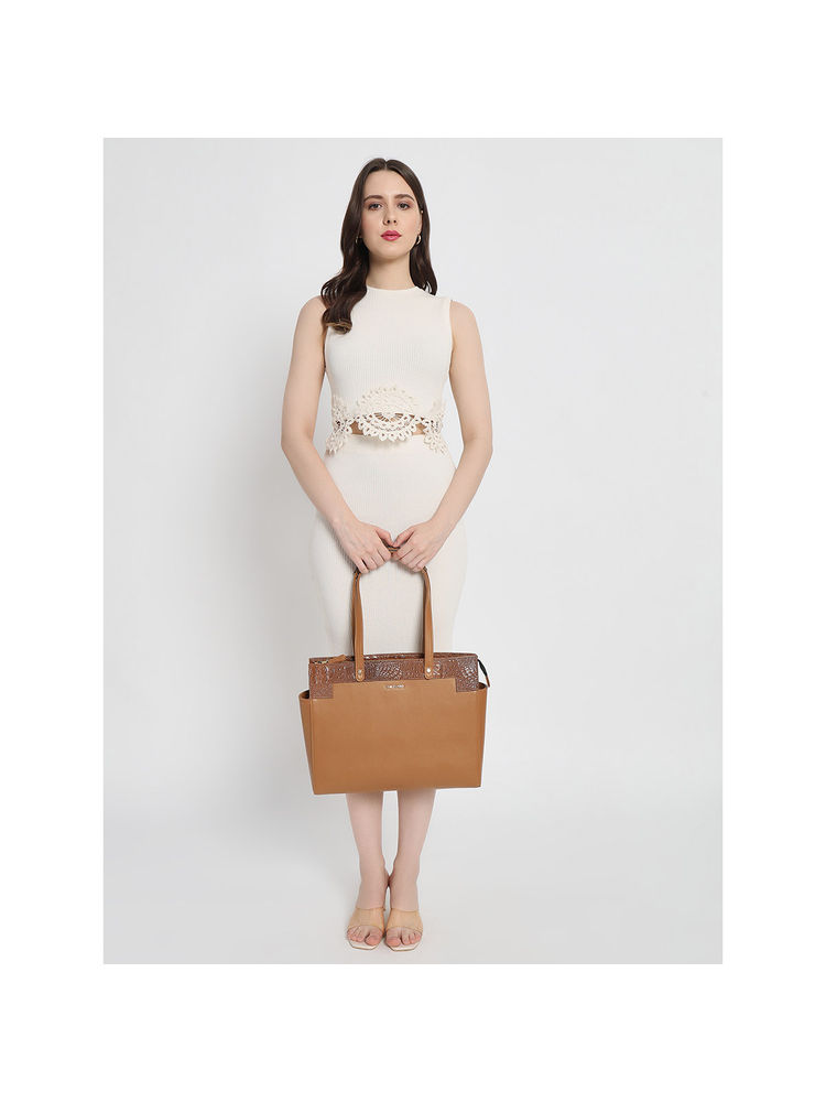 THE GUSTO Tan Estelle Croco Medium Tote Bag-picture-22