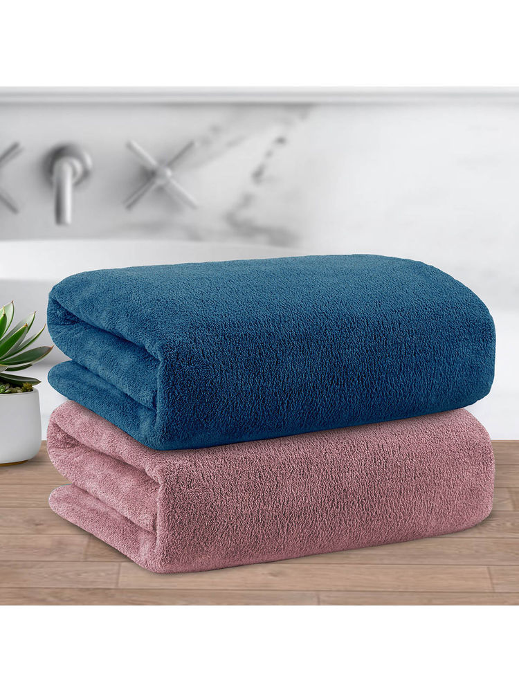 Story@Home 400 GSM Microfiber Bath Towel, Navy Blue & Peach, Solid (Pack of 2)